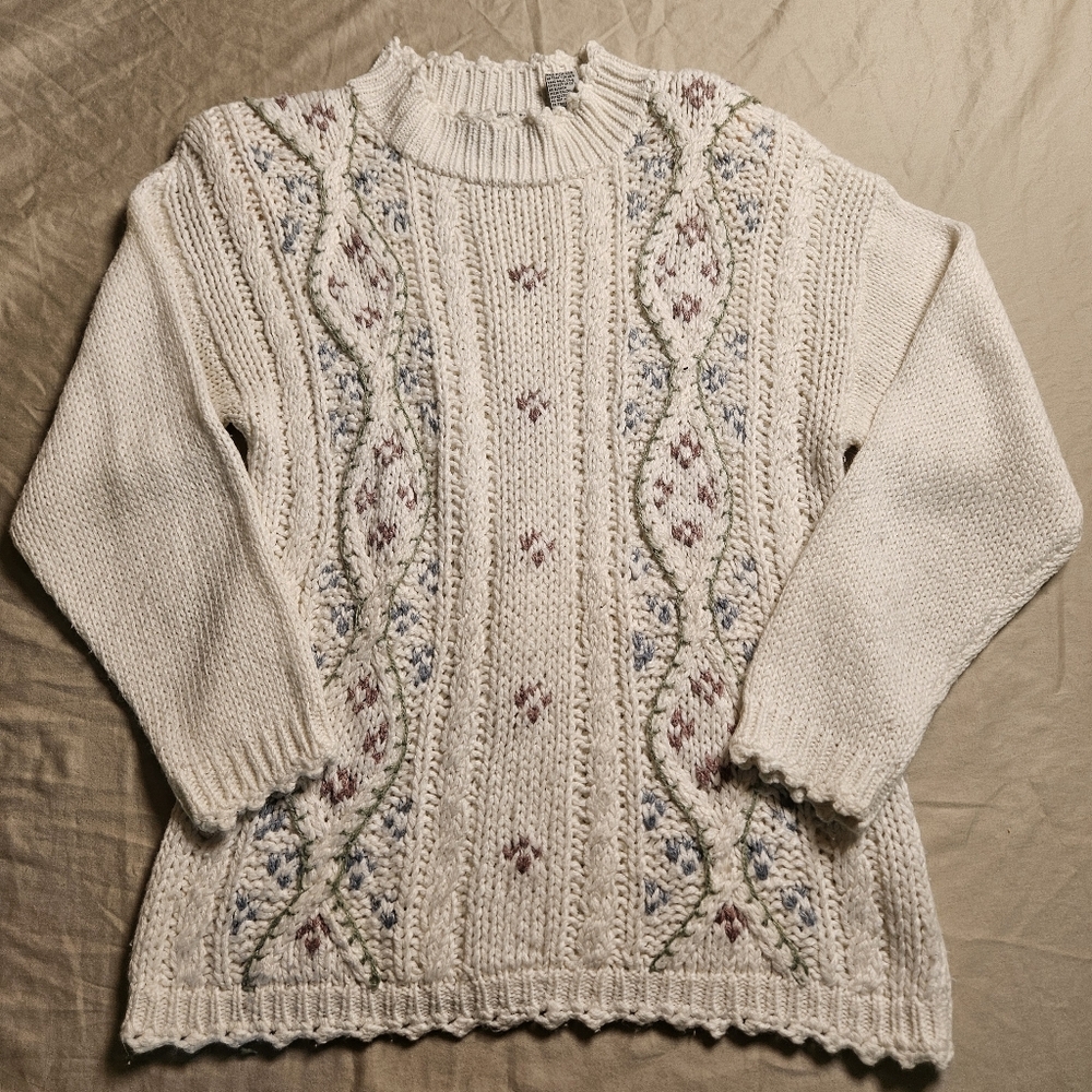 VTG 1990 Cabin Creek Cable Knit‎ Floral Sweater M Cottagecore Grannycore